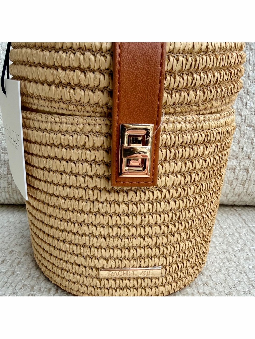 Rachel Zoe Woven Straw Cylinder Vanity Bucket Bag Crossbody Top Handle Studded - Picture 9 of 10